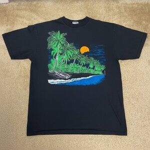 Vintage Tropical Beach Palm Tree Sunset Graphic Tee, Retro Island Vacation Shirt